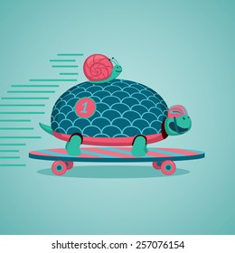 Slow but fast.Turtle and snail are riding on a skateboard.