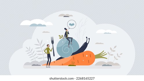 Slow food and ecological vegetables or fruits consumption tiny person concept. Sustainable, clean and nature friendly eating with eco quality grocery ingredients and preparation vector illustration.