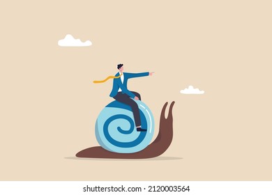 Slow growth, inefficient or stupid mistake, businessman idiot leader riding slow snail never reach goal, losing business competition.