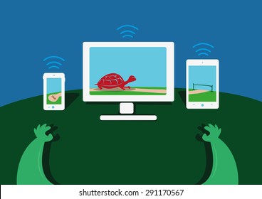 Slow internet or computer concept. A Turtle is Shown Moving from a Device to Another Gadget. Editable Clip Art.
