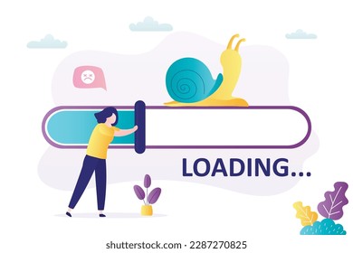 Slow internet speed, bad connection, loading process. Woman user pushing slider on measurement scale. Download speed is very slow or does not work. Snail crawling on progress bar. vector illustration