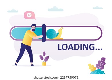 Slow internet speed, bad connection, loading process. Male user pushing slider on measurement scale. Download speed is very slow or does not work. Snail crawling in progress bar. vector illustration