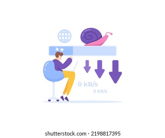 slow internet speed, slow internet connection, download process. a man is annoyed or angry because the download speed is very slow or does not work. problems and technology. illustration concept