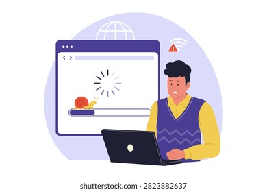 Slow Internet Speed Loading Bar and Snail Icon Concept. A flat conceptual illustration showing a worried man facing a slow loading bar with a snail icon. Great for speed test app interfaces