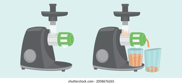 Slow Juicers, cold press juicers, or masticating juicer. The left one is not using, the another one is crushing the carrots into juice and extracting the pulp from carrot juice.