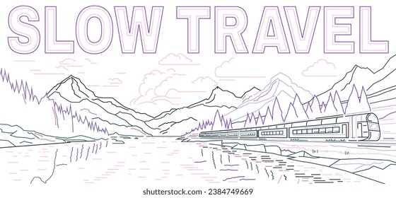 Slow leisurely train travel, future transportation concept. Relaxed rail travel design. Creative fancy poster, stylish banner. Editable illustration in a thin outline style. Horizontal background