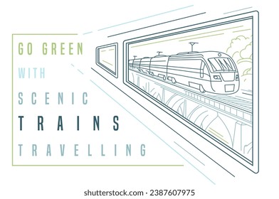 Slow leisurely train travel, future transportation concept. Relaxed rail travel design. Creative fancy poster, stylish banner. Editable illustration in a thin outline style. Horizontal background