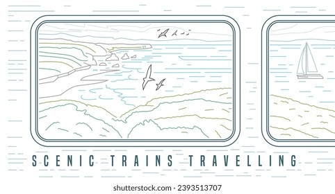 Lento viaje en tren, concepto de transporte futuro. Diseño de viajes relajados por ferrocarril. Cartel creativo y elegante. Ilustración editable en un estilo de contorno fino. Fondo horizontal