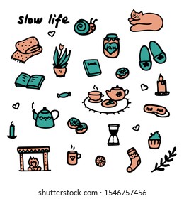 Slow life concept. Cozy vibes. Cozy doodle hand drawn symbols