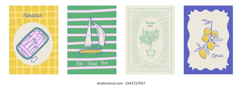 Slow life Italia Amalfi Cartazes de verão definidos. Ilustração vetorial limoeiro italiano, sardinhas, iate e fundos geométricos minimalistas, design contemporâneo de Verão vintage.