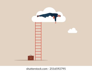 Vida lenta. Hombre de negocios perezoso que duerme en las nubes. Moderna Ilustración vectorial plana.