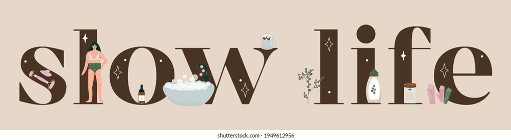 Grabado de vida lento con ilustración plana vectorial sobre autocuidado, relajación y meditación. Cuarto de baño, niña en ropa interior, velas, aceites, eucaliptos, rascacielos y rodillos de gouache, cristales, cacao.