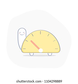 Slow like a turtle download speed, low traffic speed. Flat outline icon concept of turtle with an arrow on the indicator panel, speedometer symbol. Isolated vector illustration.