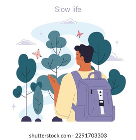 Slow living concept. Slow life principles and activity. Male character walking in the woods. Outdoor relaxation or traveling. Modern practice for body and mind wellness. Flat vector illustration