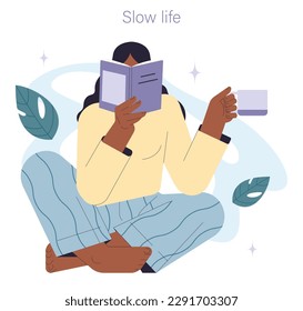 Slow living concept. Slow life principles and activity. Black female character relaxing while reading a book with a cup of tea. Modern practice for body and mind wellness. Flat vector illustration