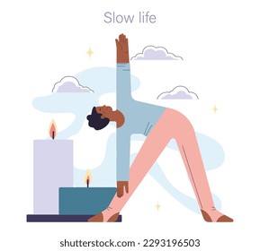 Slow living concept. Slow life principles and activity. Black female character relaxing and doing yoga asana. Modern practice for body and mind wellness. Flat vector illustration