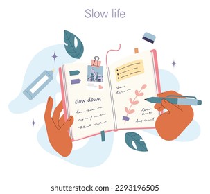 Slow living concept. Slow life principles and activity. Character journaling or making notes on a personal diary. Modern practice for body and mind wellness. Flat vector illustration