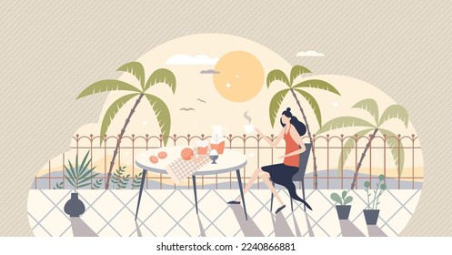 Slow living with peaceful, calm and mindful daily life tiny person concept. Enjoy moments without stress and enjoy mental peace with escape from job vector illustration. Happy female in vacation scene