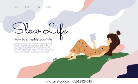 Slow living, wellbeing or wellness concept. Vector illustration about How to simplify your life. Girl reading book, time for yourself. Meditation and slow down life. Template for poster, layout, flyer