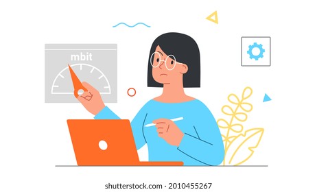 Slow loading concept. Woman points to the Internet speed indicator. Signal is low. Reduced work efficiency. Expectation. Cartoon doodle flat vector illustration isolated on a white background