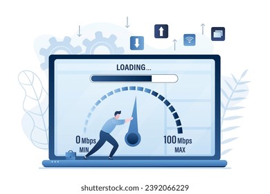 Langsames Laden von Medieninhalten. Geschwindigkeitsprüfung. Männlicher Benutzer zieht einen Pfeil auf der Messskala. Verbesserung der Signalqualität, Geschwindigkeitsoptimierung. Tariff Tarif mit schnellem Internet auf Laptop. Vektorgrafik
