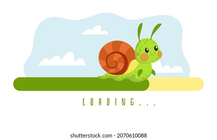 Slow And Long Loading. Waiting For Website To Restart. Progress Bar And Cartoon Snail. Low Speed Upload Interface Design. Network Reboot Line. Funny Crawling Mollusk. Vector Concept