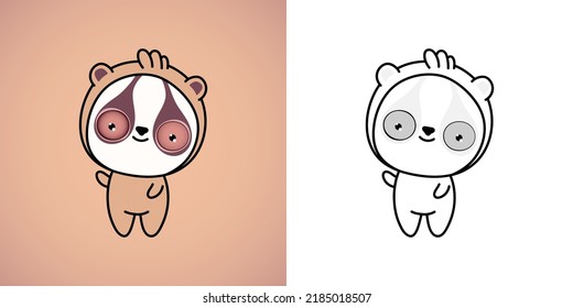 Slow Loris Clipart for Coloring Page and Multicolored Illustration. Adorable Clip Art Loris. Vector Illustration of a Kawaii Animal for Coloring Pages, Prints for Clothes, Stickers, Baby Shower.
