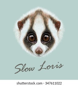 Slow Loris lemur animal cute face. Vector Asian jungle funny Slow Loris primate portrait. Realistic fur portrait of wild tropical Slow Loris monkey animal isolated on blue background.