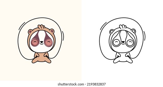 Slow Loris Sportsman Clipart Multicolored and Black and White. Beautiful Slow Lemur Sportsman. Vector Illustration of a Kawaii Animal for Prints for Clothes, Stickers, Baby Shower, Coloring Pages.

