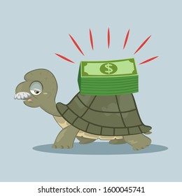 Slow money transfer turtle transporting, illustration vector cartoon
