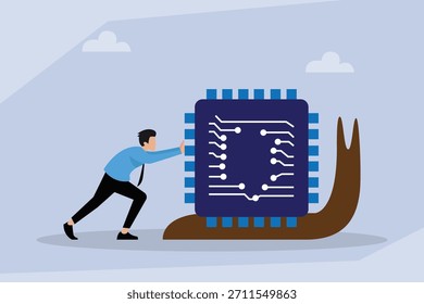 Metáfora de Tecnología de bajo rendimiento: Hombre empujando microchip en una Ilustración vectorial plana Snail 2d
