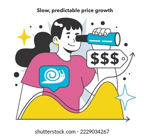 Crecimiento lento y predecible de los precios. Desarrollo económico estable. Tendencia futura de los precios. El inversor utiliza binoculares para ver los precios futuros. Ilustración vectorial plana