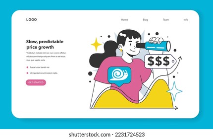 Slow, predictable price growth web banner or landing page. Stable economic development. Future price trend. Investor use binoculars to see future prices. Flat vector illustration