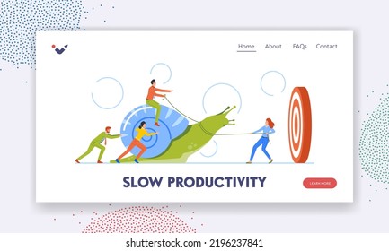 Slow Productivity Landing Page Template. Unproductive Business Progress, Laziness at Work. Business Characters Riding and Pulling Snail Trying To Reach Target. Cartoon People Vector Illustration