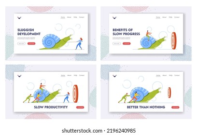 Slow Productivity Landing Page Template Set. Unproductive Business Progress, Laziness at Work. Business Characters Riding and Pulling Snail Trying To Reach Target. Cartoon People Vector Illustration