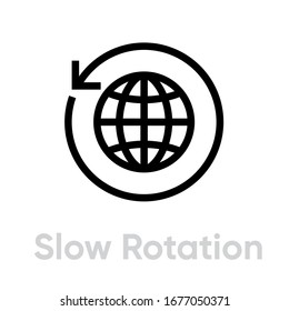 Slow rotation globe earth icon. Editable line vector. A model of the earth with parallels and meridians and an arrow curved around. Single pictogram.
