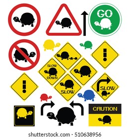 Slow safety sign. Two-dimensional sign of turtle symbolizing slow movement, a set of characters.