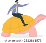 slow and secure moving concept, businessman moving forward with turtle speed, think different

