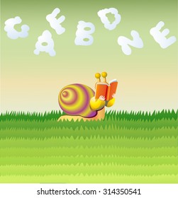 A slow snail in a green grass reading a book. There are clouds in the sky in the form of letters vectorial illustration