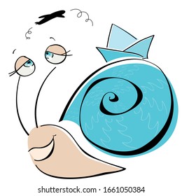 Slow snail traveler dreaming about vacation with paper boat on his blue shell, Vector illustration