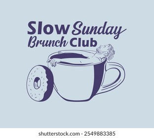 Slow Sunday brunch club vector design, relax holiday comic art, men bathing in coffee mug illustration, morning breakfast artwork for t shirt, sweater, screen print