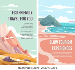 Slow tourism experiences. Eco friendly travel for you. Recreation in mountains and on sea coast, rock climbing and swimming. Book trip easily in internet and enjoy your weekends. Vector in flat style
