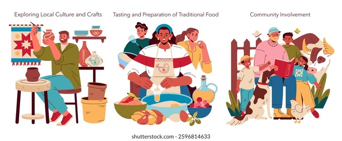 Slow Travel Concept. Embracing the joys of slow travel through local culture, traditional food preparation, and community interactions. Discovering authentic experiences that foster connection. Vector