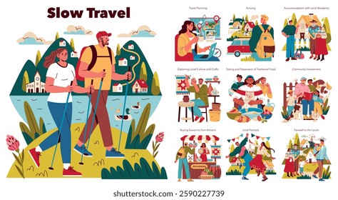 Slow travel concept illustrates a journey focused on cultural immersion and local experiences. Activities include hiking, planning, community engagement, and enjoying local traditions. Vector
