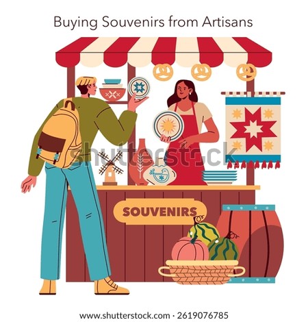 Slow travel experience of purchasing handmade souvenirs from local artisans. The interaction promotes cultural appreciation and supports local economies while highlighting unique craftsmanship and