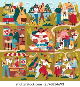 Slow travel illustration. Emphasizes leisurely exploration through various activities like hiking, cooking, local markets, and community events. Captures cultural connections and local experiences