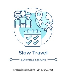 Slow travel soft blue concept icon. Trend in travelling. Local hospitality. Cultural immersion. Round shape line illustration. Abstract idea. Graphic design. Easy to use in blog post