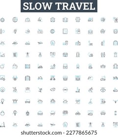 Slow travel vector line icons set. Slow, Travel, Sustainable, Ecotourism, Responsible, Community-based, Local illustration outline concept symbols and signs