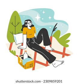 Viaje lento. Principios de vida lenta y actividad. Mujer sentada en una manta, disfrutando del picnic. Relajación al aire libre o viaje. Práctica moderna para el bienestar corporal y mental. Ilustración vectorial plana