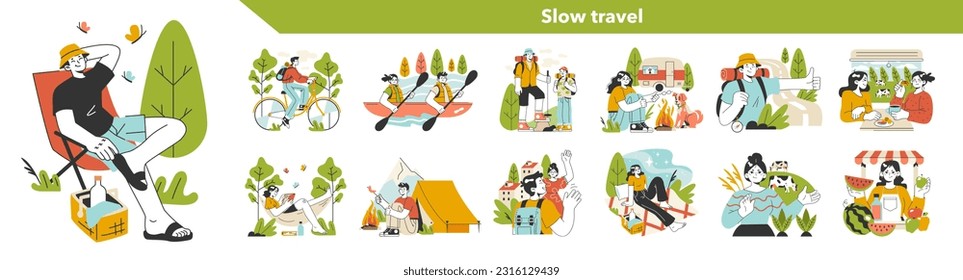 Slow traveling. Slow life principles and activity. Outdoor relaxation or traveling. Modern practice for body and mind wellness. Flat vector illustration